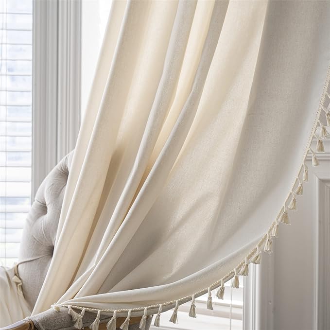 Sutuo Home Boho Curtain with Handmade Tassels, Rod Pocket Window Treatment Vintage Rustic Bohemian French Farmhouse Semi-Blackout Solid Drape for Bedroom, 1 Panel 59" W x 84" L,Cream White
