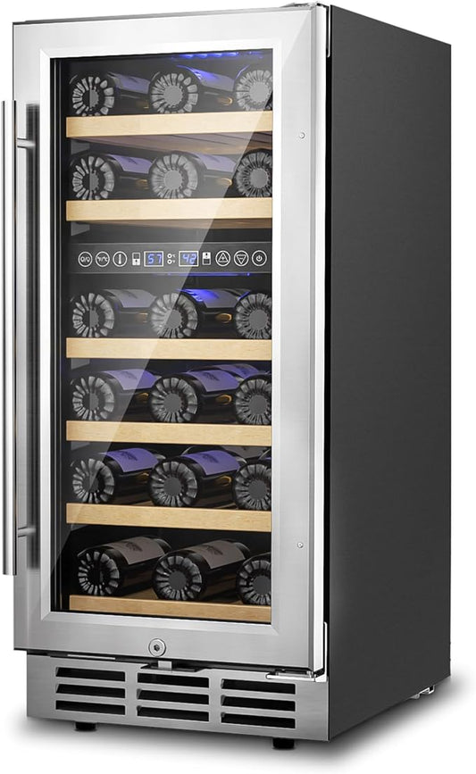15 Inch Dual Zone Wine Refrigerator, 29 Bottle Under Counter Wine Fridge, Wine Refrigerator for Built-In or Freestanding, Wine Cooler with Removable Shelves, Double-Layer Glass Door, for Home