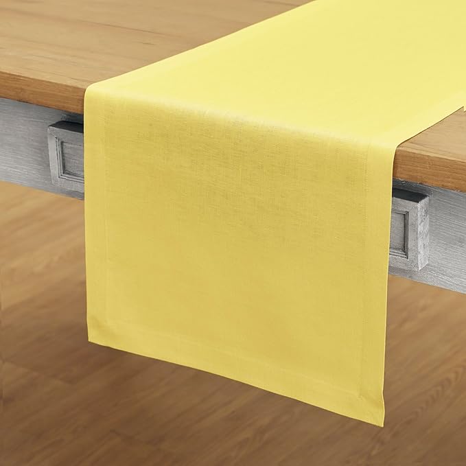 Solino Home Linen Sunshine Yellow Table Runner 60 Inches - 100% Pure Linen Farmhouse Short Table Runner 14 x 60 Inch Ideal for Dresser and Coffee Tables - Fete