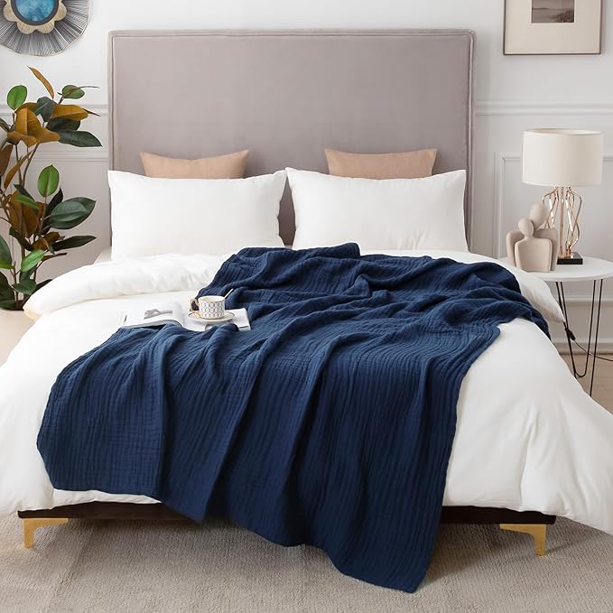 EMME Cotton Muslin Blanket King Size - Soft, Breathable Layering Blanket, 108"x90", All Season Gauze, Navy