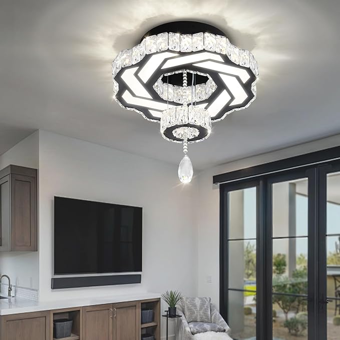 Flashing God 16 Inch Mini Chandelier Modern Crystal Chandeliers Light Semi Flush Mount Ceiling Light Fixture Small Black Chandelier for Bedroom Hallway Kitchen Foyer