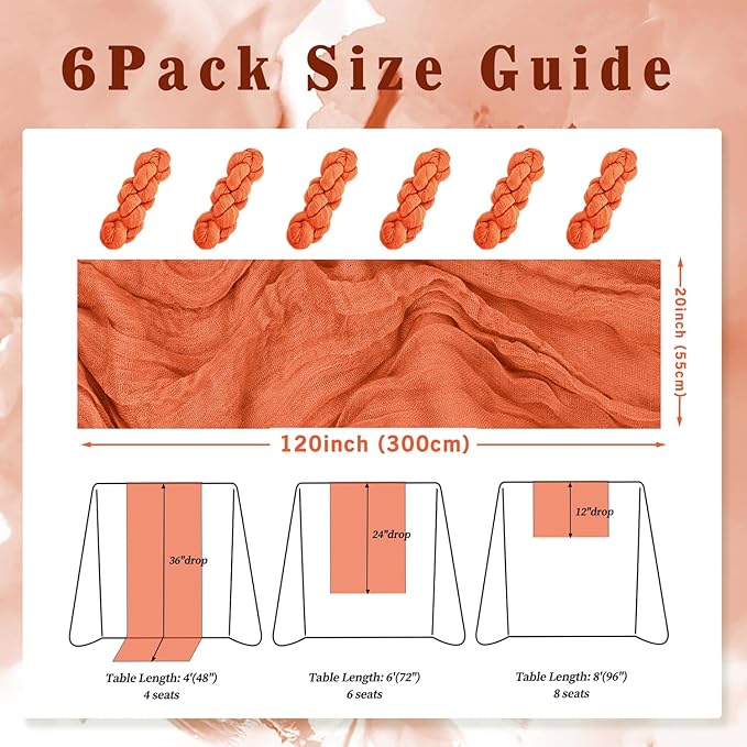 Orange Cheesecloth Table Runner 6 Pack 10FT Boho Fabric Rustic Cheese Cloth Table Runner for Wedding 20 x 120 Inch Long Bridal Shower Baby Shower Gauze Sheer Birthday Party Table Decorations