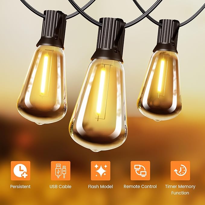 OHLUX 35FT Solar Globe String Lights Outdoor, Waterproof Solar Patio Lights with Remote, 17 Shatterproof ST38 LED Filament Bulbs, 2200K Soft White, Dimmable Edison Hanging Lights for Gazebo, Deck