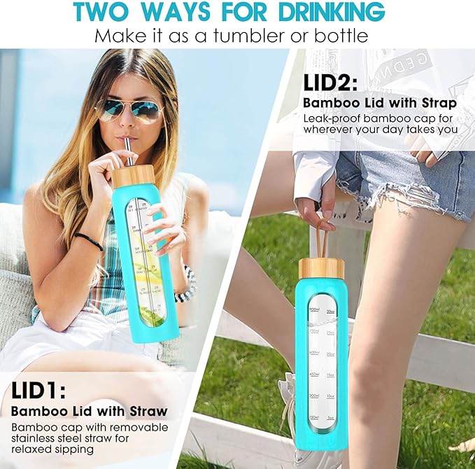 32 oz Glass Water Bottle with Straw - Motivational Time Marker & Silicone Sleeve - Reusable Tumbler Includes 2 Bamboo Lids & Fruit Infuser - 1 Pack