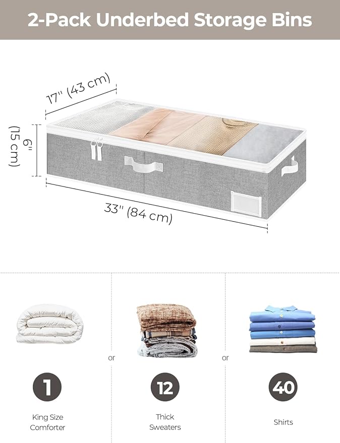StorageWorks Large Under Bed Storage Containers with Handles and Label Holder, 2 Pack Ultra-thick Fabric Underbed Bins, Closet Organizer for Clothes, Blankets, Sweater