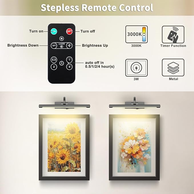 Battery Operated Picture Lights for Wall, Wireless Painting Lights Dimmable Artwork Lighting with Remote and Timer, Rechargeable Art Lights for Paintings-Brushed Grey 16'' inch Warm White