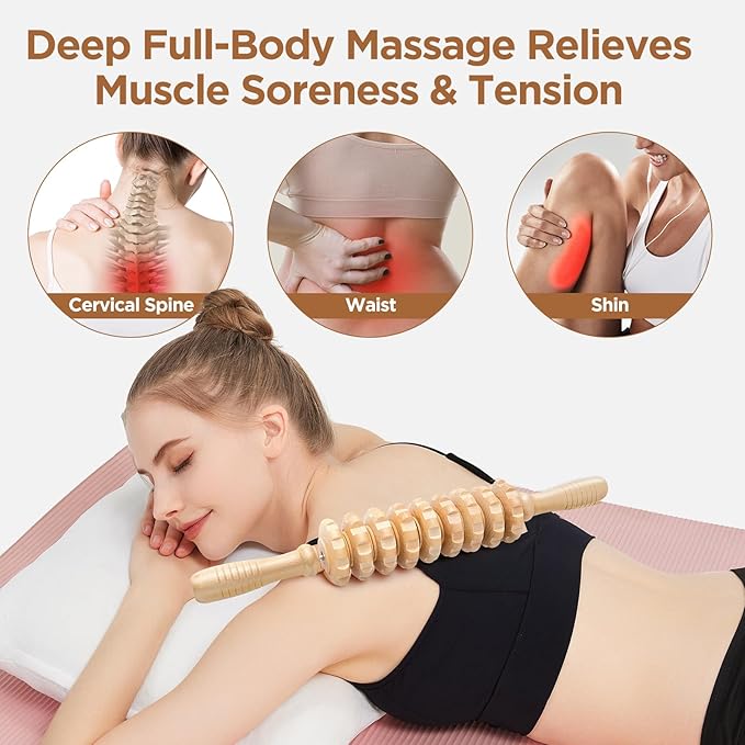 Wooden Cellulite Massage Roller for Legs and Thighs - Handheld Fascia Blaster Tool for Muscle Relief, Lymphatic Drainage & Body Sculpting - Anti Cellulite Massager for Women and Men (9 Wheel)