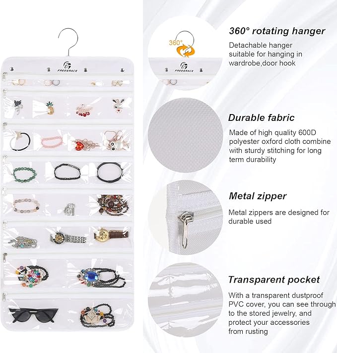 Freegrace Hanging Jewelry Organizer Revolving Hanger - Secure Zipper Closure - 50 Pockets - Foldable Storage & Display Solution - For All Jewelry & Bijoux (White)