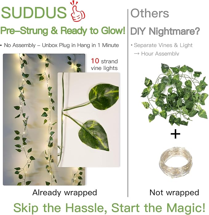 suddus 200 LED Vine with Light Plug in, 6.5ft x 6.5ft Pothos Fairy Curtain Lights with Remote, Leaf Fairy Lights for Wall,Bedroom, Dorm, Wedding, Party, Indoor Decor(Warm White)