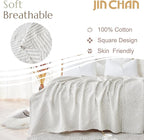 jinchan Boho 100% Cotton Blanket Muslin 50x60 Inches Lightweight 3-Layer Geometric Square Striped Pattern Reversible Quilt Throw Soft Breathable Comfy All Seasons for Couch Bed Decor, Light Grey