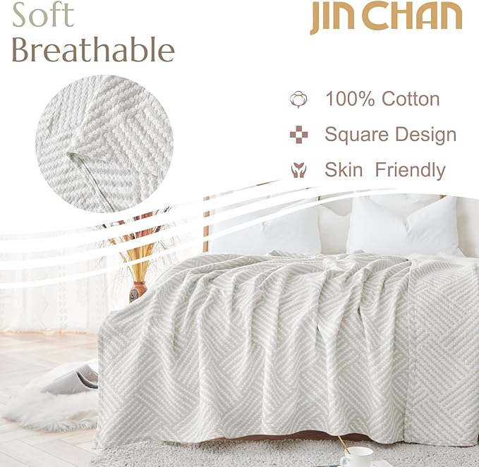 jinchan Boho 100% Cotton Blanket Muslin 50x60 Inches Lightweight 3-Layer Geometric Square Striped Pattern Reversible Quilt Throw Soft Breathable Comfy All Seasons for Couch Bed Decor, Light Grey