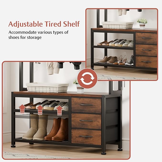 Lulive Hall Tree with Bench and Shoe Storage, 31.5" Coat Rack Freestanding with 2-Tier Storage Shelf, 6-in-1 Entryway Bench Coat Rack with 12 Hooks and 3 Drawers(Rustic Brown)