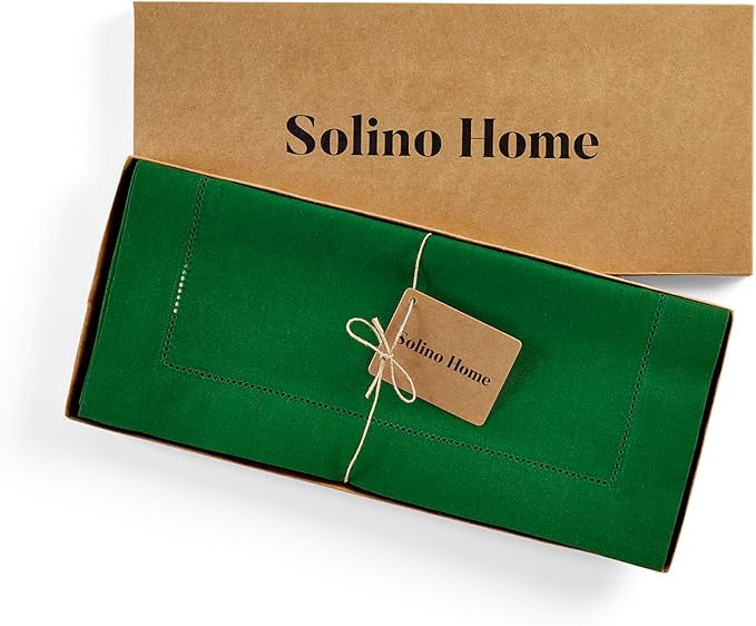 Solino Home Linen Garden Green Table Runner 108 Inches Long - 100% Pure Linen Hemstitch 14 x 108 Inch Table Runner for Dining - Classic Hemstitch