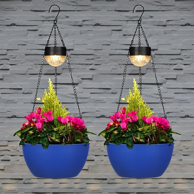 2 Packs Solar Hanging Basket Planters for Plants Outdoor, Self Watering Blue Flower Plants Pots with Solar Light Drainer for Balcony Patio Garden Outdoor Decoration