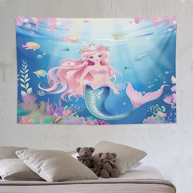 HZOHNAGO Mermaid Girls Tapestry Watercolor Mermaid Princess Pattern Printed Wall Tapestry Wall Hanging for Bedroom Living Room Dorm 90" W x 60" H