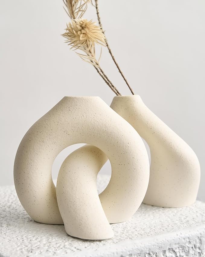 NOBULA White Ceramic Donut Vases – Modern Home Decor for Living Room, Bedroom & Table Centerpiece - Minimalist Nordic – Unique Vases for Olive Plant & Flowers – Decorative Coffee Table Vase Set of 2