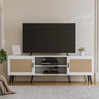 TV Stand for TVs up to 65'', Mid Century Modern Entertainment Center with Rattan Door, Shelves & 2 Cabinets, Boho Media TV Console for Living Room, Bedroom, White