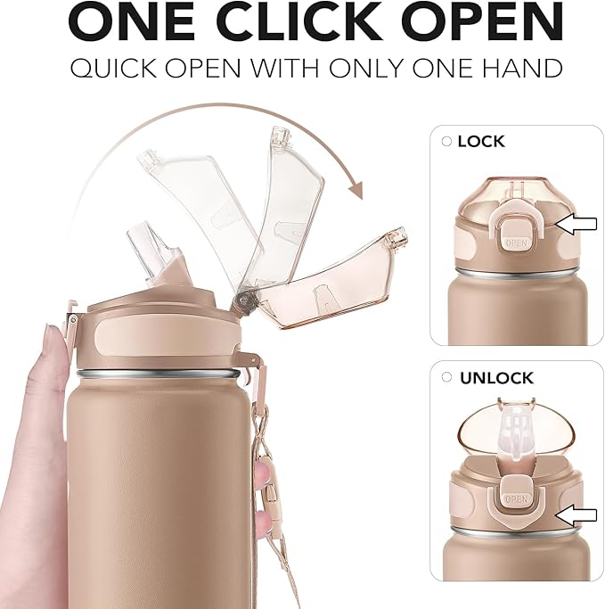 Enerbone 32 oz Insulated Water Bottle, Stainless Steel Bottle with Carrying Strap, Double-Wall Vacuum Insulation Design, Leakproof Sports Bottle with Straw, Keep Drinks Cold or Hot for Hours
