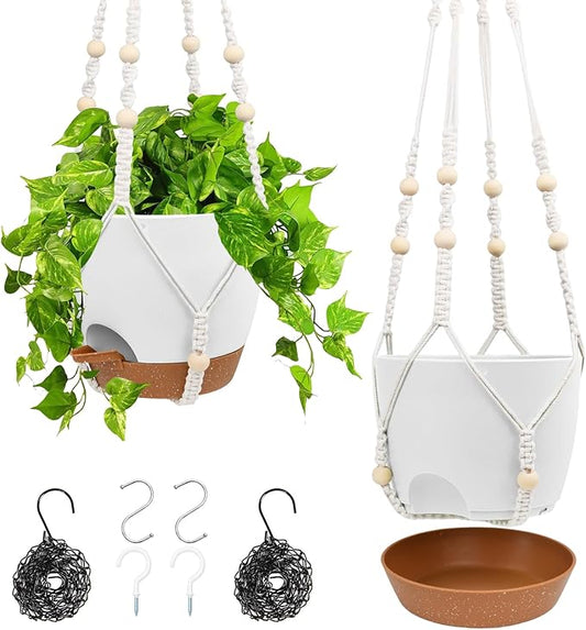 Hanging Planters for Indoor Outdoor Plants, 2 Pack Self Watering Hanging Pots, Hanging Plant Baskets with Drainage Holes & 2 Types of Plant Hangers (White, 6'')