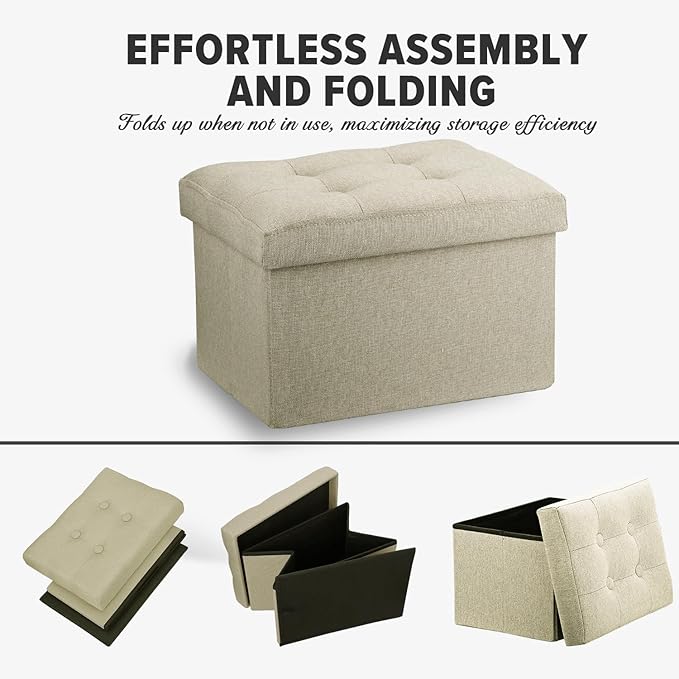 LINMAGCO Ottoman Storage Ottoman with Storage Small Foot Rest Stool Under Desk Stool Short Folding Footrest Linen Cloth Beigh 16X12X12IN