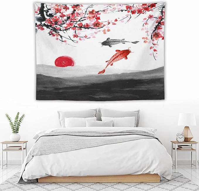 Houselerax Japanese Koi Fish Tapestries, Cherry Blossoms Asian Oriental Flower Branch Koi Fish Carp Tapestry Wall Hanging for Bedroom Living Room Office Decor 80"x60"