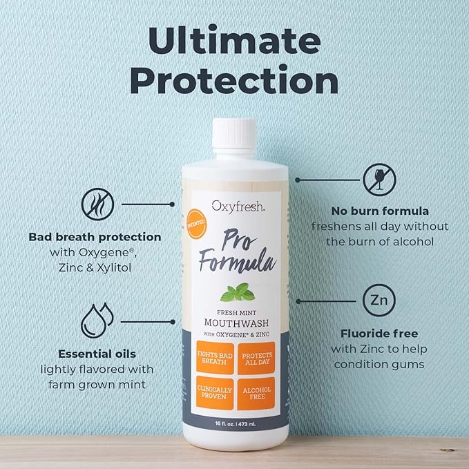 Oxyfresh Pro Formula Fresh Mint Mouthwash – Patented Zinc Mouthrinse for Fresh Breath & Soothing Gums – Dye Free, Fluoride Free, Alcohol Free Mouthwash – 3 Bottles, 16 oz. ea.