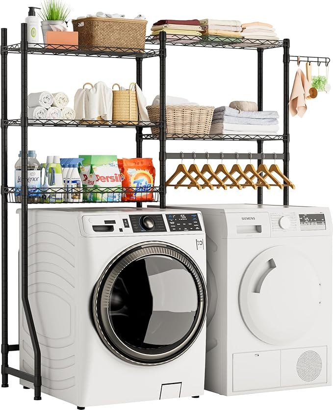 Over Washer and Dryer Shelves,Heavy Duty Laundry Room Storage Organization Clothes Drying Rack,5 Tier Adjustable Height Wire Shelving and Wire Basket with Hanger Rod&Hook,Space Saving Shelf