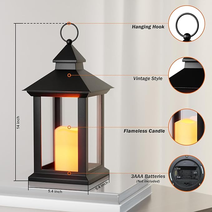 Lanterns Decorative Indoor, 1 Pack Black Outdoor Lantern with Timer, 14" Lantern Waterproof with Battery Operated Candle, Outdoor Hanging Lanterns for Porch, Patio, Wedding Decor