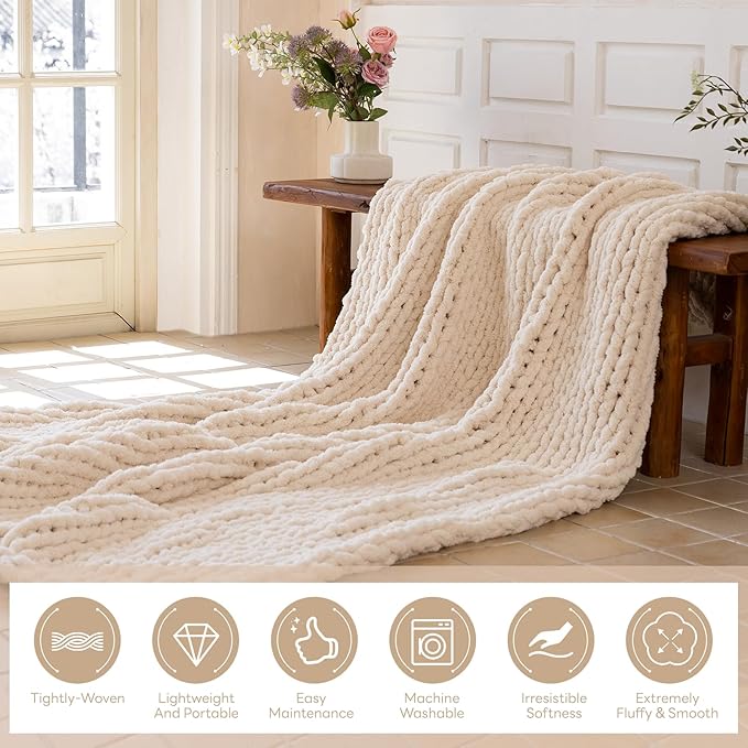 Chunky Knit Blanket - Luxury Soft Cozy 60 * 80 Throw Blanket,100% Woven Blanket Rope Knot Throw Blanket for Couch, Sofa, Home Decor, Gift - Machine Washable（Cream）