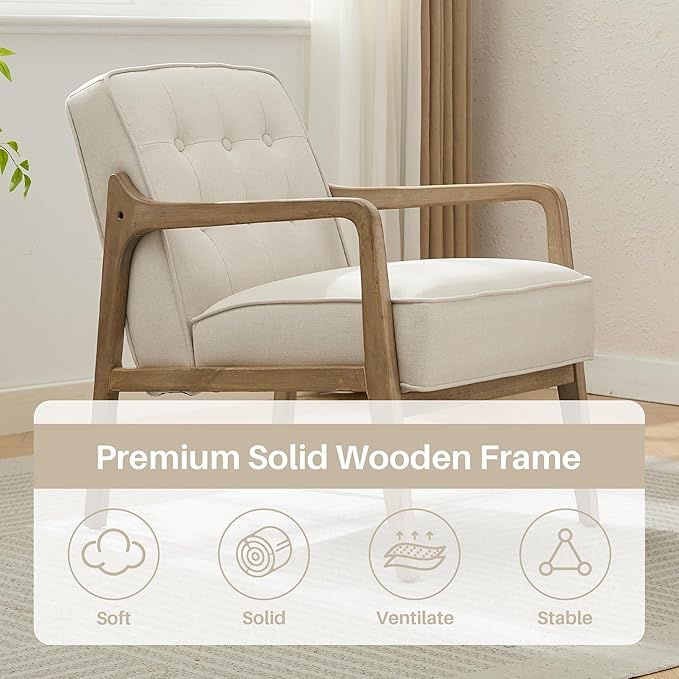 Linen Accent Chair, Mid Century Modern Chair for Living Room, Upholstered Comfy Lounge Armchair with Solid Wood Frame, Reading Side Chair for Bedroom,105°Ergonomic Comfort, White