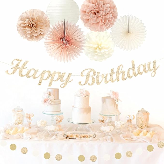 Champagne Rose-Gold Beige Birthday Party-Decorations - 14pcs Happy Banner Boho Lanterns Tissue Pom Poms,Rustic Streamers Garland Fans,Neutral One Sweet Peach Girls Women Hanging Supplies Decor Hugfond