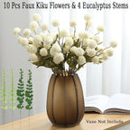 Faux White Kiku Flower, 10 Stems with 5 Heads Each & 4 Branches Eucalyptus Stems, Artificial Small Mini Chrysanthemum Flowers for Aesthetic Room Decor, Floral Arrangements Centerpiece