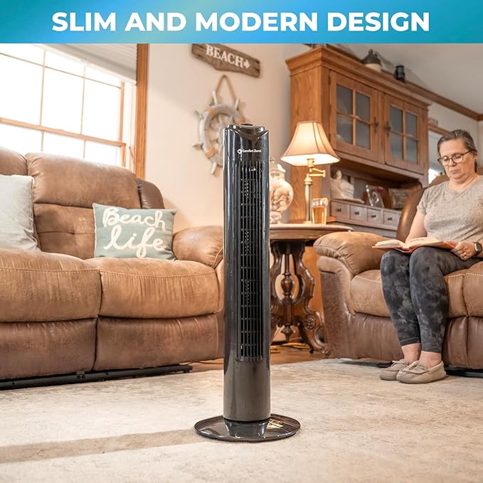 Comfort Zone 32-Inch Bladeless Tower Fan with 3 Speeds, 90° Oscillation, Portable Indoor Stand Fan with Built-In Carry Handle – Quiet Cooling for Bedroom, Black