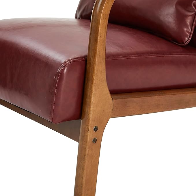 Glitzhome 2 Set Mid Century Red Accent Armchair, Single Reading Armchair PU Leather Lounge Chair with Walnut Ruberwood Frame