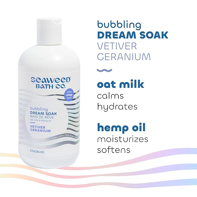 Seaweed Bath Co. Bubbling Dream Soak, Vetiver Geranium Scent, 12 Ounce, Sustainably Harvested Seaweed, Oat Milk, Hemp Oil