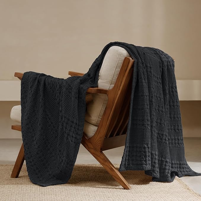 PHF 100% Cotton Waffle Weave Throw Blanket, Soft Lightweight Breathable Cozy Summer Throws for Couch Bed Sofa, Luxury Aesthetic Woven Blanket for Home Decor & Office, 50"x60", Black