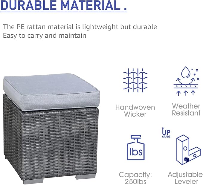 Patiorama 2 Pieces Assembled Outdoor Patio Ottoman, Indoor Outdoor All-Weather Grey Wicker Rattan Outdoor Footstool Footrest Seat with Light Grey Cushions, No Assembly Required