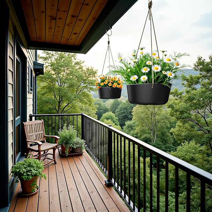 10.7 Inch Hanging Planter for Outdoor Indoor Plants，2 Pack Hanging Flower Pots with Drain Holes for Garden Home Decor Use (Black)