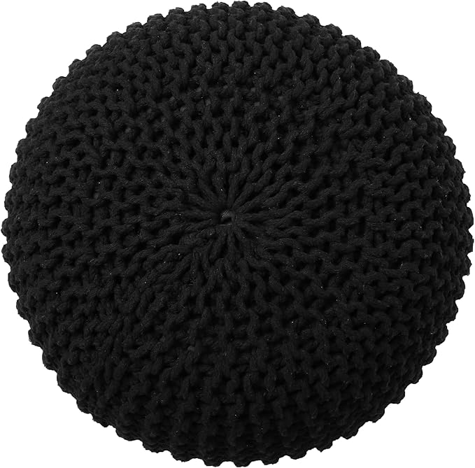 REDEARTH Round Pouf Foot Stool Ottoman - Hand Knitted Bean Bag - Cord Boho Pouffe - Cable Poof Footrest for Living Room - Nursery - Bedroom - Patio - 100% Cotton - Home Decor (19.5"x19.5"x14") - Black