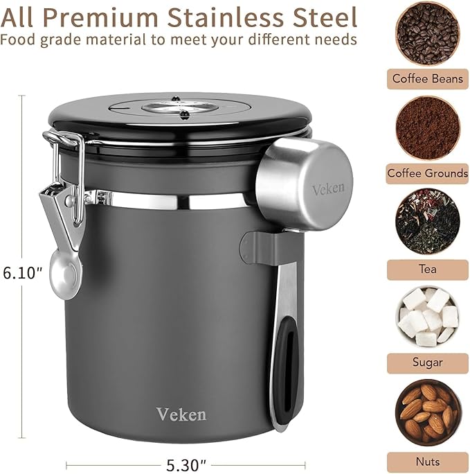 Veken Coffee Canister, Airtight Stainless Steel Kitchen Food Storage Container with Date Tracker and Scoop for Beans, Grounds, Tea, Flour, Cereal, Sugar, Cookies Jars, 16OZ Gray
