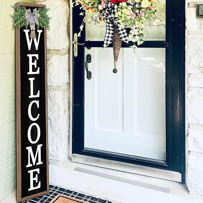 Surfapans Welcome Sign for Front porch Standing 45"X9"Large Wood Frame Outdoor Tall Welcome Signs Vertical Decor for Farmhouse Rustic Home Modern Outside Front Door Wall Decorations (Wood Black)