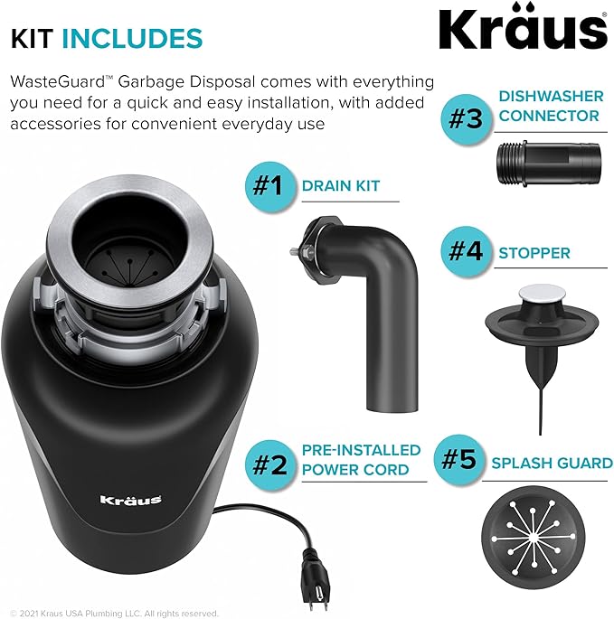 KRAUS WasteGuard 3/4 HP Ultra-Quiet Garbage Disposal with Quick Connect, Kitchen Sink Drain Cover, Power Cord and Flange Included, KWD100-75MBL