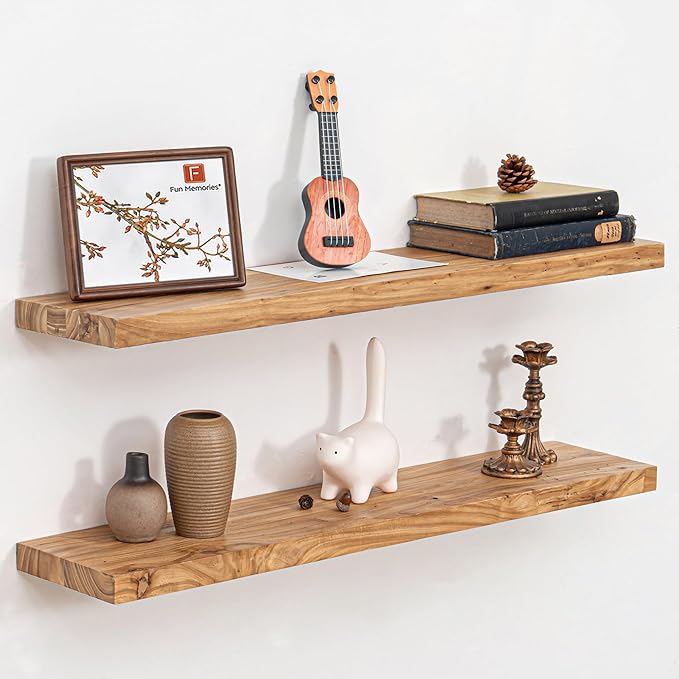 Fun Memories Solid Elm Wood Floating Shelves, 36 Inch Floating Shelves for Wall, Wall-Mounted Wooden Shelves with Invisible Heavy-Duty Brackets for Books, Bathroom, Kitchen, Natural, 2 Pack