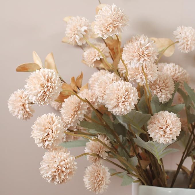 Beige Fake Flowers Silk 10 Stems With Eucalyptus, Faux Flowers For Vase, Artificial Mums Long Stem, Mini Faux Mums Flower Bulk, Tan Nude Cream Neutral Floral, Chrysanthemum Pom Pom Floral Arrangements