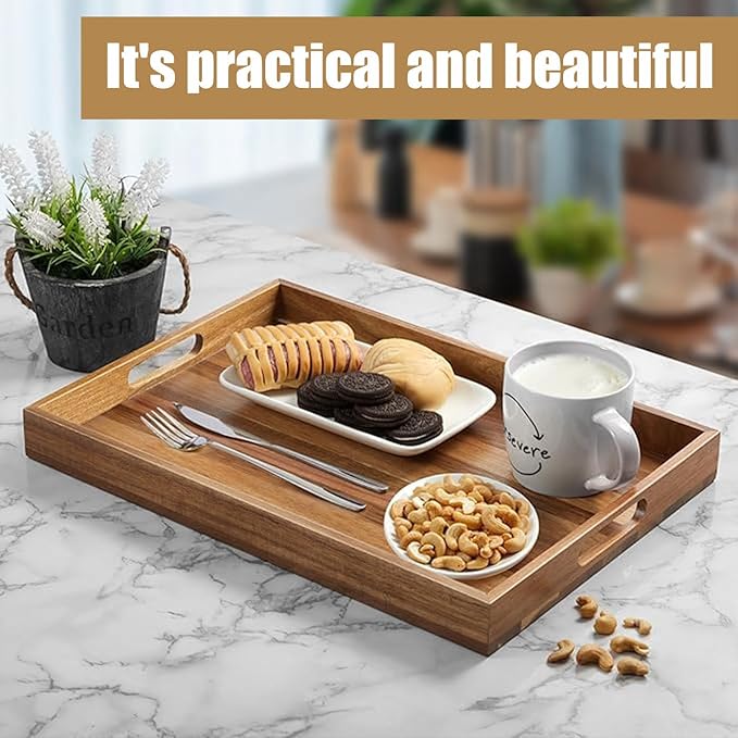 Acacia Wood Serving Tray with Handles - 17-Inch Large Wooden Tray for Ottoman - Perfect for Breakfast, Lunch, Dinner, Appetizers, Patio, Ottoman, Coffee Table,BBQ, Party – Great for Lap &Couch ﻿