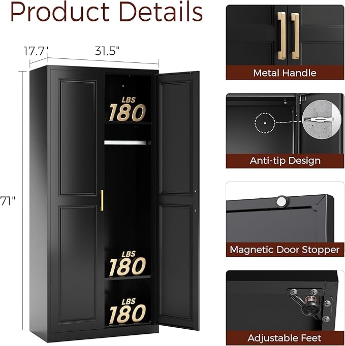 71" Metal Armoire Wardrobe Closet with 2 Doors, Tall Wardrobe Cabinet with Hanging Rod and Adjustable Shelves, Black Clothing Storage Cabinets for Bedroom, Laundry Room, Home Office
