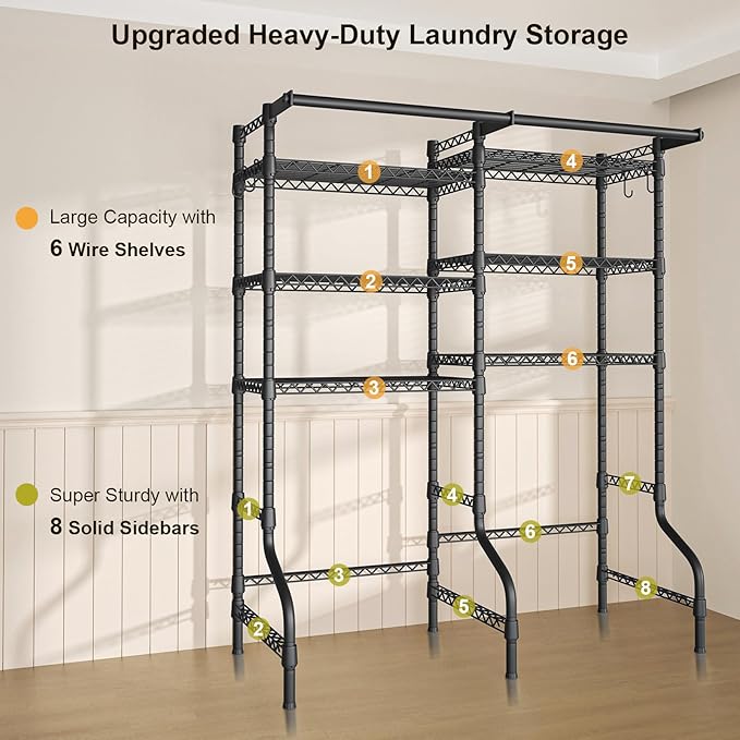 Ulif U13 Medium Over Washer and Dryer Storage Shelves, 6 Tiers Laundry Room Standing Shelf with 2 Hanger Rods, Space Saver Clothes Drying Rack, 57.8" W x 22" D x 77.4" H, Black