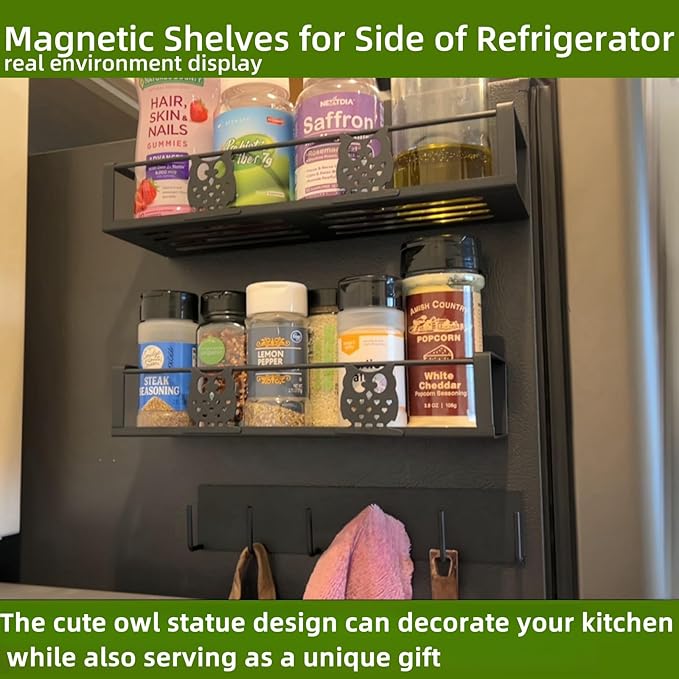 3 Pack Moveable No Drilling Heavy Magnet Spice Rack for Refrigerator Organizers and Storage,Space Saving Kitchen Organization with Magnetic Hooks,Owl Kitchen & Home Decor(Black)