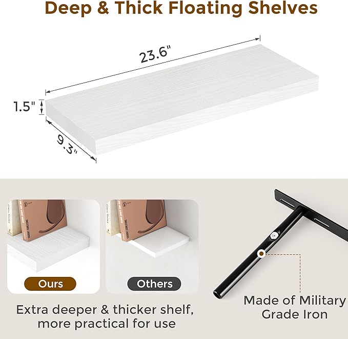 24 Inch Floating Shelves, Rustic 24 x 9 White Floating Shelf for Wall, White Bathroom Shelves Set of 2, Farmhouse Wood Wall Shelf for Bedroom, Kitchen, 9 Inch Deep Shelves for Home Storage