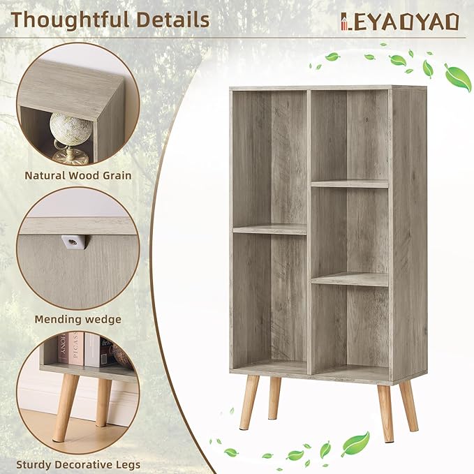 5 Cube Small Bookshelf - 3 Tier Mid-Century Modern Rustic Grey